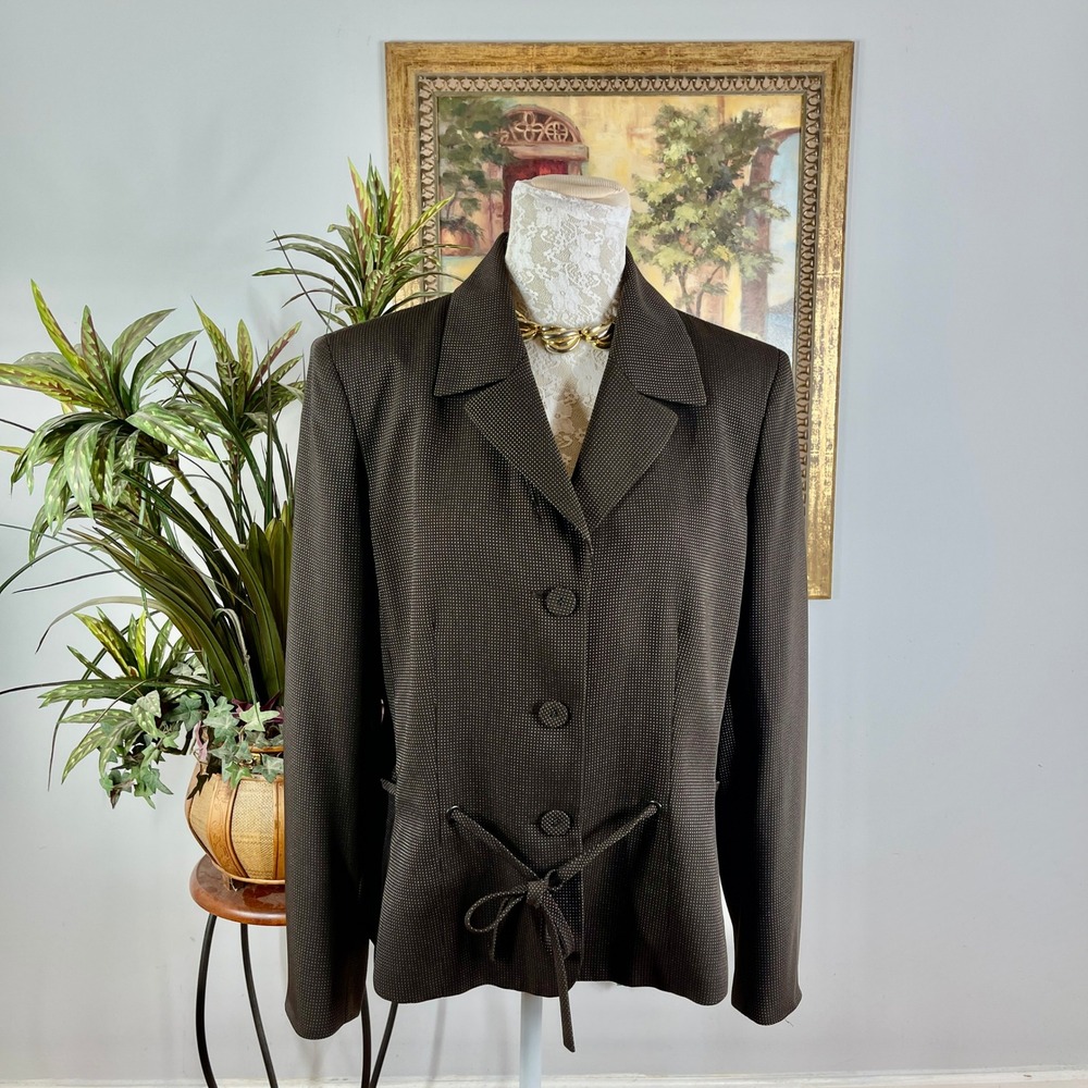 Le Suit Blazer Women 16 Brown Polyester Rayon Microdot Tie Waist Professional